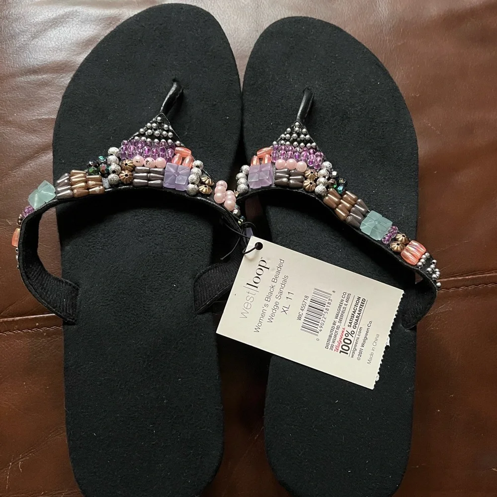 NWT Black Beaded Wedge Sandals Sz 11